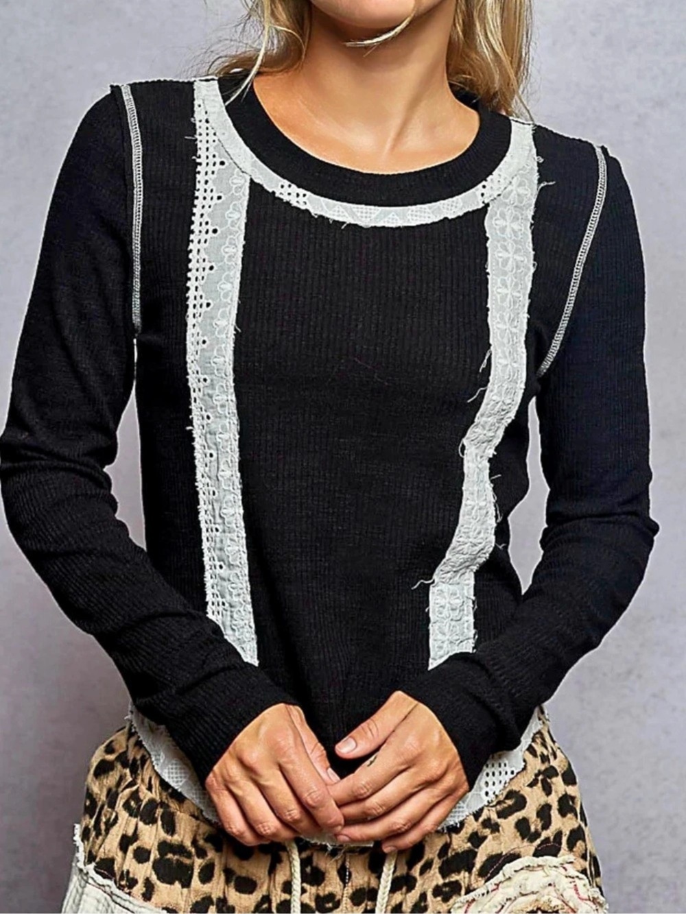 POL Black and White Long Sleeve Lace Trim Long Sleeve Waffle Knit - Size L